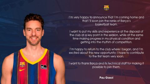 Pau Gasol in a Barcelona jersey announcing his move to the Spanish club.